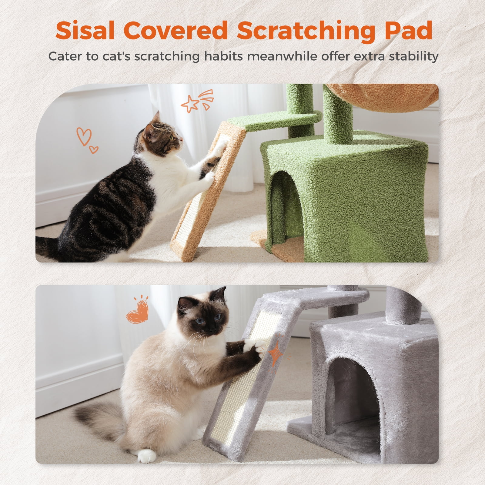 Pefilos 32" Cat Tree Tower, Cute Cat Condo with Sisal Scratching Ramp, Cozy Hammock and Removable Top Bed Perch for Indoor Kittens, Green