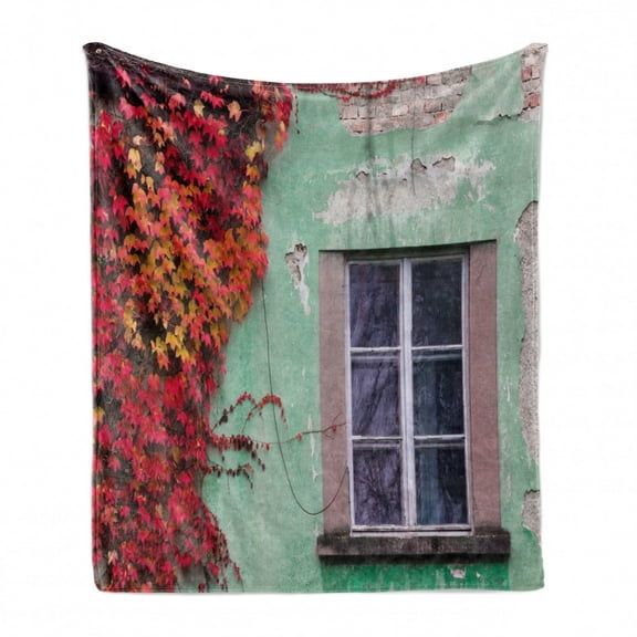 Autumn Soft Flannel Fleece Blanket, Fall Ivy on Old House Walls Left Countryside Mansion Vintage Architecture Design, Cozy Plush for Indoor and Outdoor Use, 50" x 60", Red Mint Green, by Ambesonne