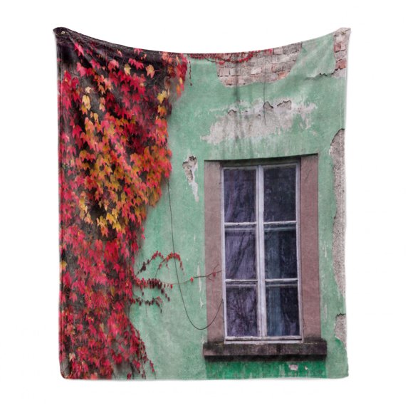 Autumn Soft Flannel Fleece Blanket, Fall Ivy on Old House Walls Left Countryside Mansion Vintage Architecture Design, Cozy Plush for Indoor and Outdoor Use, 70" x 90", Red Mint Green, by Ambesonne