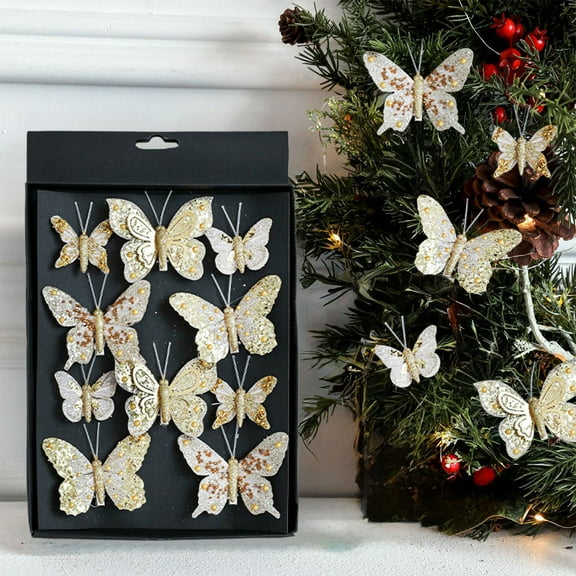Oioii 10PCS Christmas Tree Butterfly Decorations Hollow Butterfly Ornaments Hanging Decorations with Clips for Holiday Crafts Christmas Tree