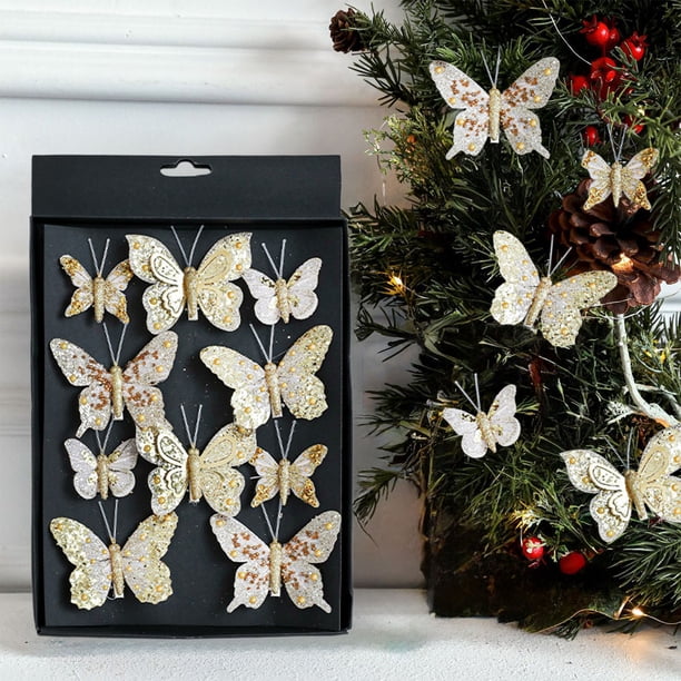 Seyotauo Glitter Double Butterfly Ornaments for Christmas Tree, Christmas Hollow Butterfly Decorations with Clip,Simulation Butterfly Hanging Decor for Xmas DIY Craft Holiday Decor