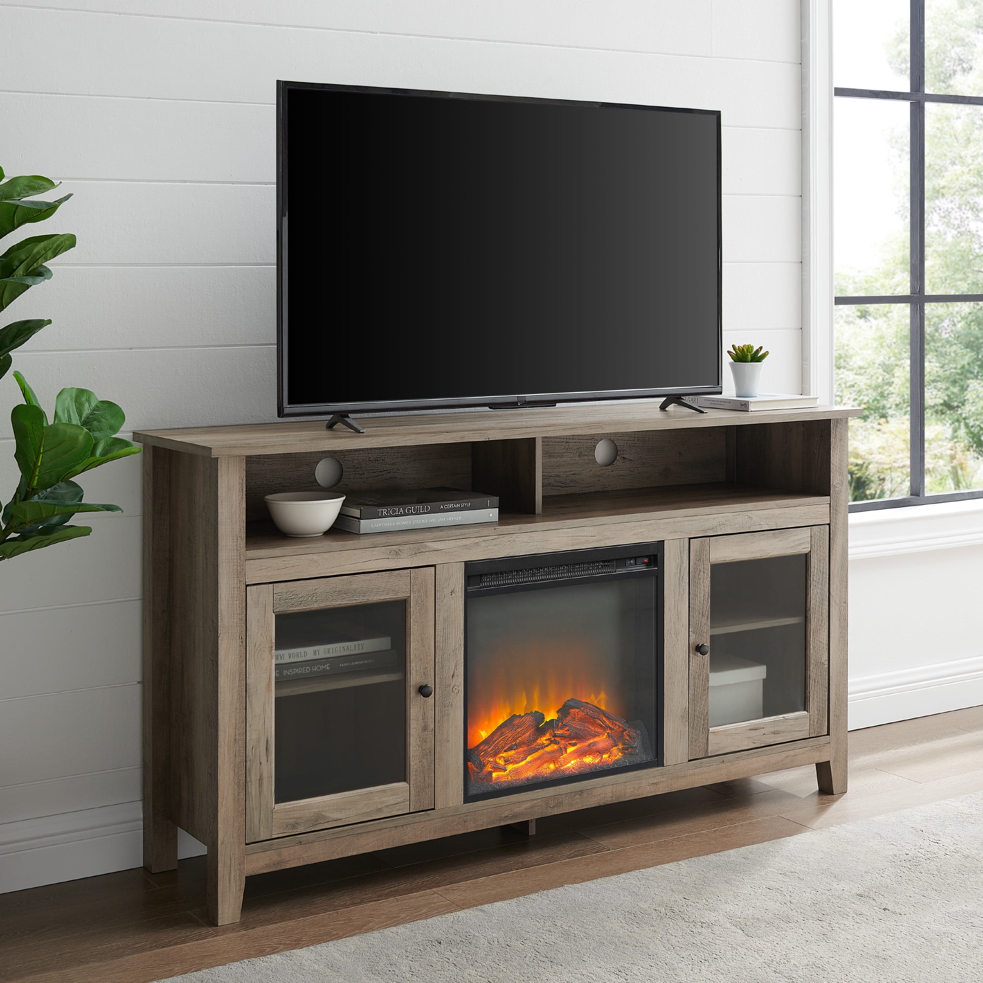 WWoven Paths Highboy 2 Door Electric Fireplace TV Stand for TVs up to 65", Grey Wash - Walmart.com