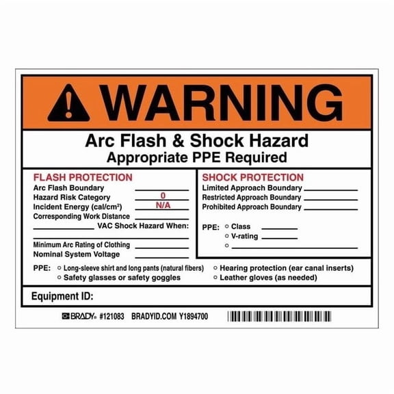 Brady Vinyl Arc Flash & Shock Protection Label, 5"H X 7" W,PK5 121083