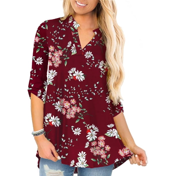Tops de mujer Camisas de manga 3/4 con vuelta Blusas de cuello en V de talla grande Blusas tipo túnica