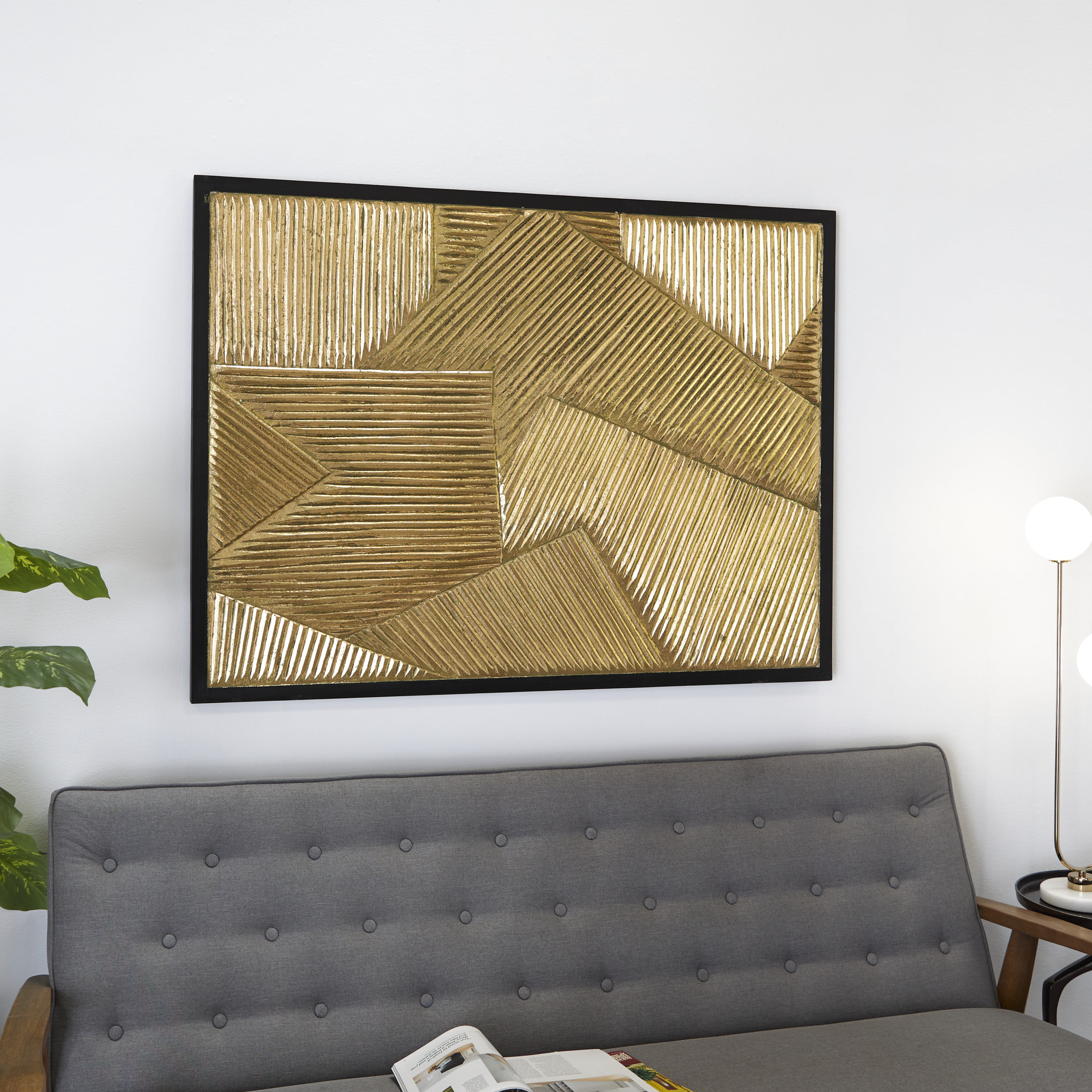 DecMode Gold Wood Carved Radial Geometric Wall Decor with Black Frame