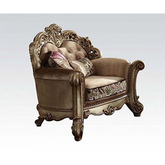 Acme Vendome Chair (w/2 Pillows) Bone Fabric & Gold Patina