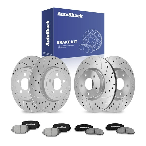 AutoShack Front Vented & Rear Solid Drilled & Slotted Coated Brake Rotors Silver Matte Finish Ceramic Pads 12-PC Brake Kit Replacement for 2012-2020 Dodge Grand Caravan 2013-2015 Ram C/V TurboGuard