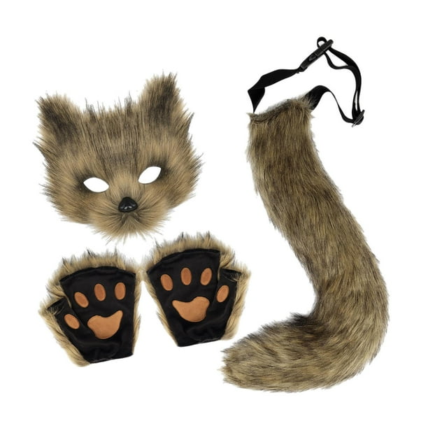 Conjunto de disfraz de cosplay para Halloween, ropa decorativa de felpa suave con máscara y guantes. Marrón