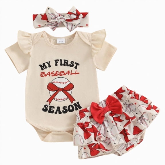 Baby Girl Summer Short Set Baby Girl Football Outfit Ruffle Sleeve Romper & Ruffled Bloomers with Headband 3-Piece Set