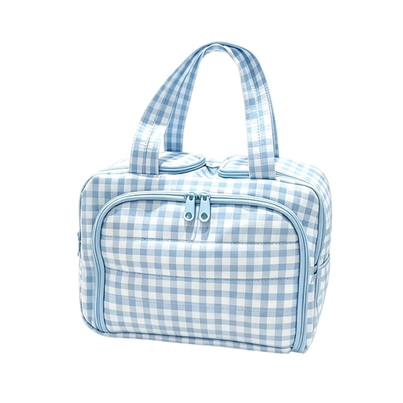 Large Travel Cosmetic Bag for Women, 4 in 1 Waterproof Makeup Organizer with Handle, Wide Open Toiletry Bag for Vacation Gym Dorm, Blue Checkered