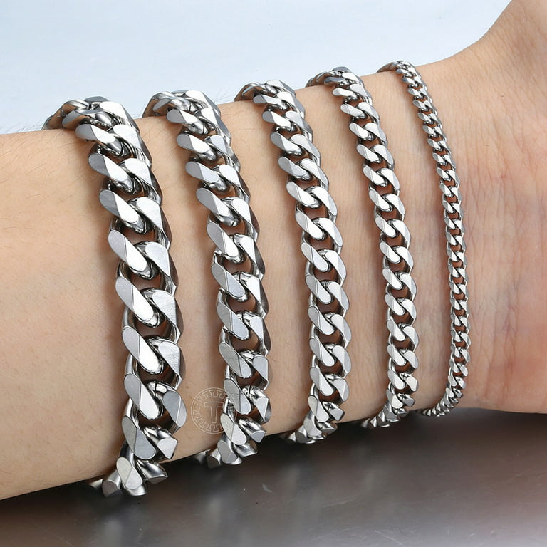 3/5/7/9/11mm Silver Stainless Steel Curb Cuban Chain Bracelet for