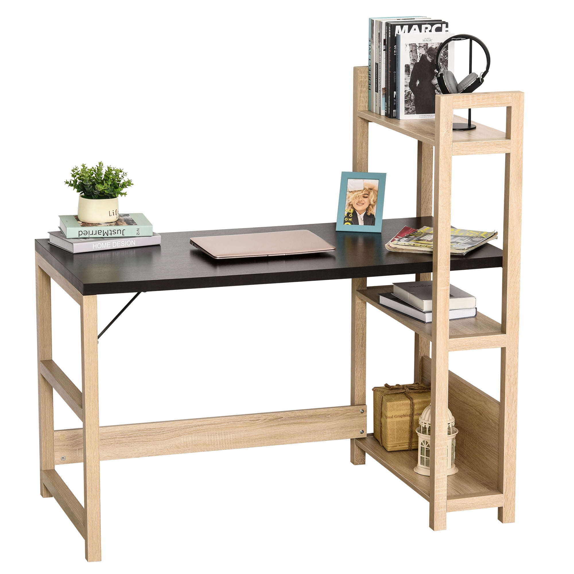 Rectangle Computer Desk with 3Tier Book Shelf Wide Display