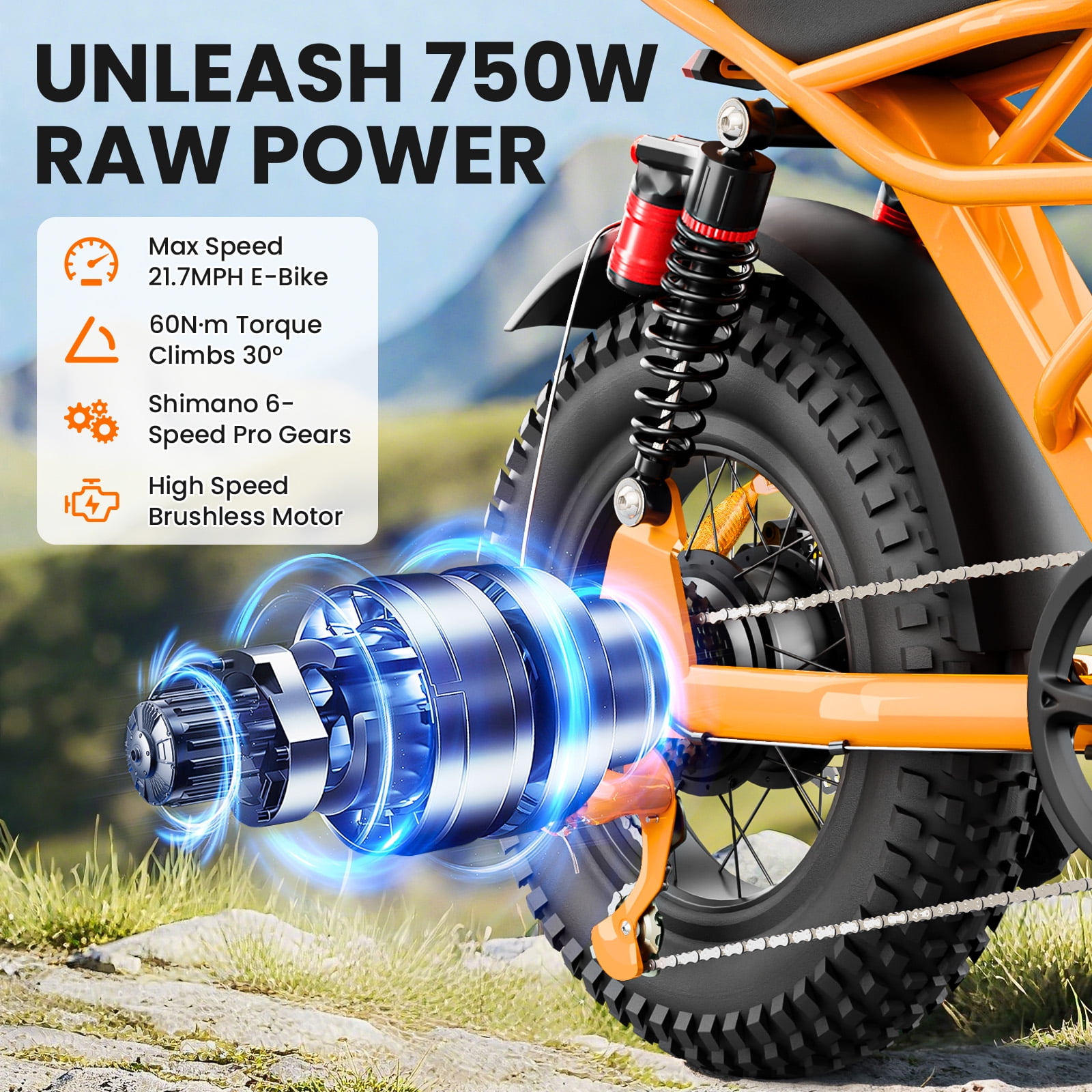 Spacewalk 16" Fat Tire Ebike, 750W, 21.7MPH, 48V/15AH Battery, 4 Shock Absorbers, Compact for Riders Under 5'2" & Teens.