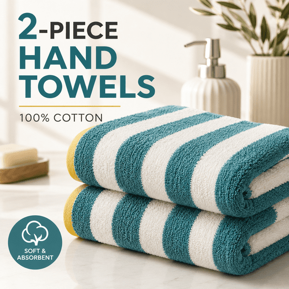 MEYRKLOE 2 Pack Green Hand Towels for Bathroom, 100% Cotton Reversible Striped Guest Towels, Ultra Soft Absorbent Quick Dry, 12 x 28 in