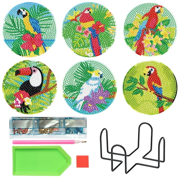 6pcs DIY Diamond Painting Coaster Kit with Bird Design and Stand, Perfect for Home Decor and Gift Giving