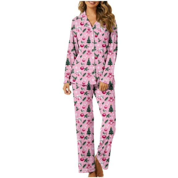 Tnhcen Christmas Tree Print Women’s Pajamas 2-Piece Long Sleeve Button-Down Set Cozy Nightwear Home Clothes S-3XL