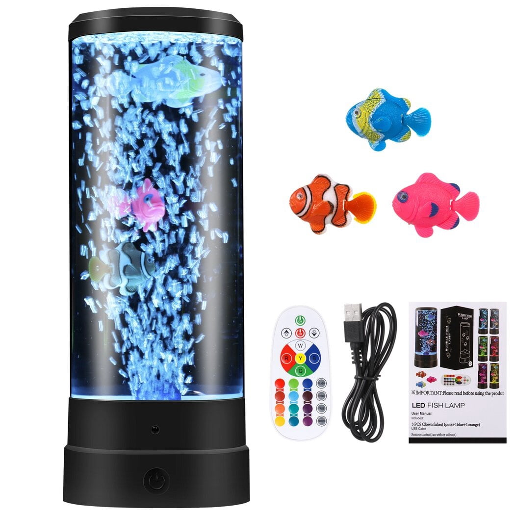 Artificial Fish Aquarium Lamp Night Light, LED Bubble Fish Aquarium Lamp for Home Office Decor, USB Powered Mini Bubble Lamp with Remote Control