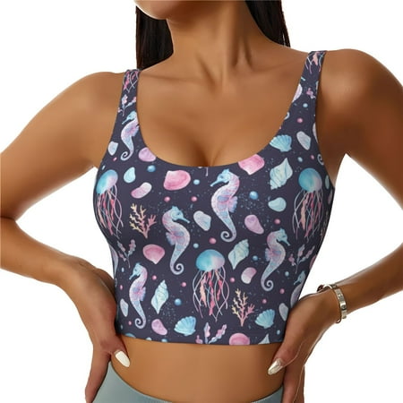 Jgfou Watercolor Marine Animals Print Womens Sports Bra - Padded Workout Sports Bras Crop Tank Top