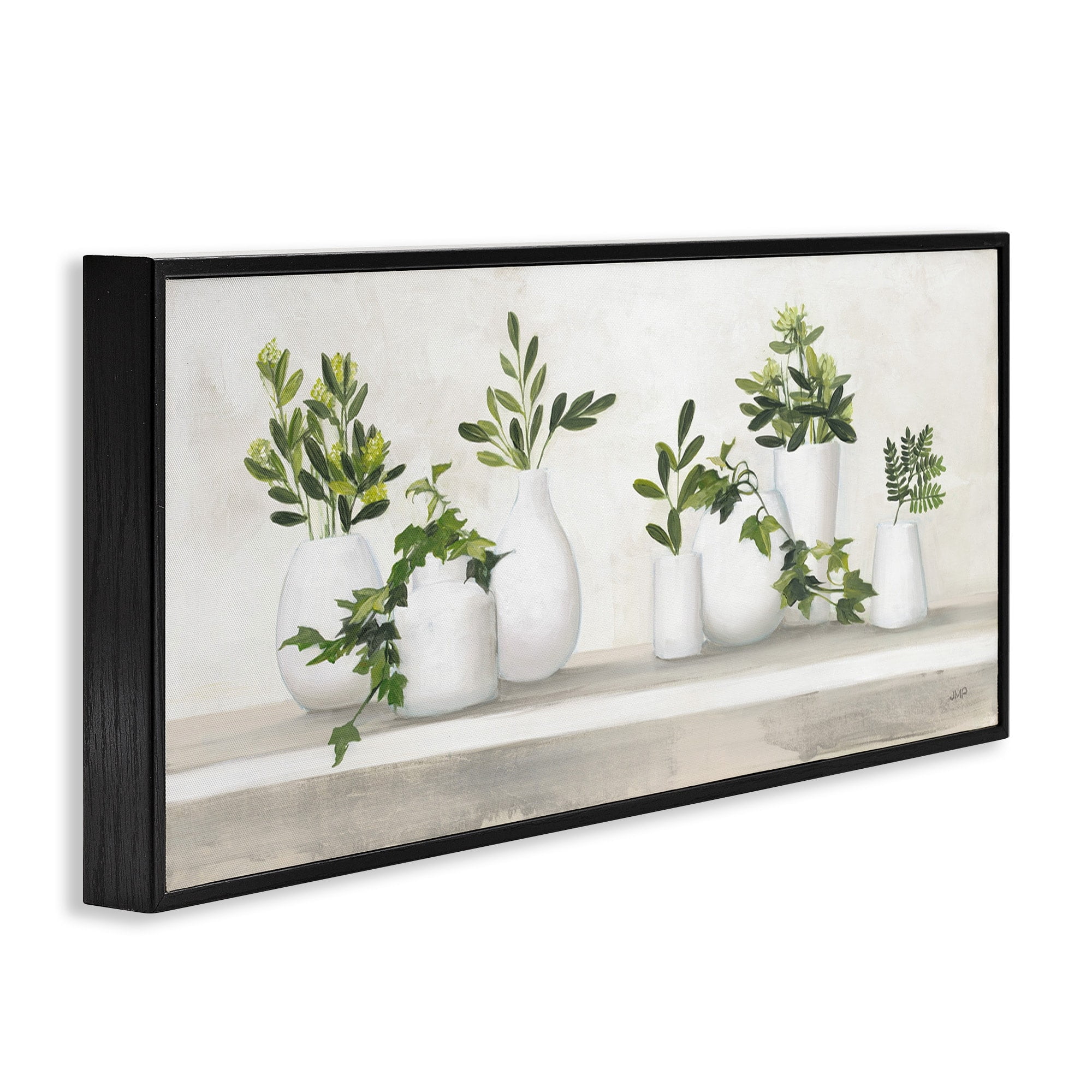 Stupell Industries Traditional Cottage Plants Potted White Vase Botanicals Paintings Gray Framed Art Print Wall Art, 24x10, by Julia Purinton