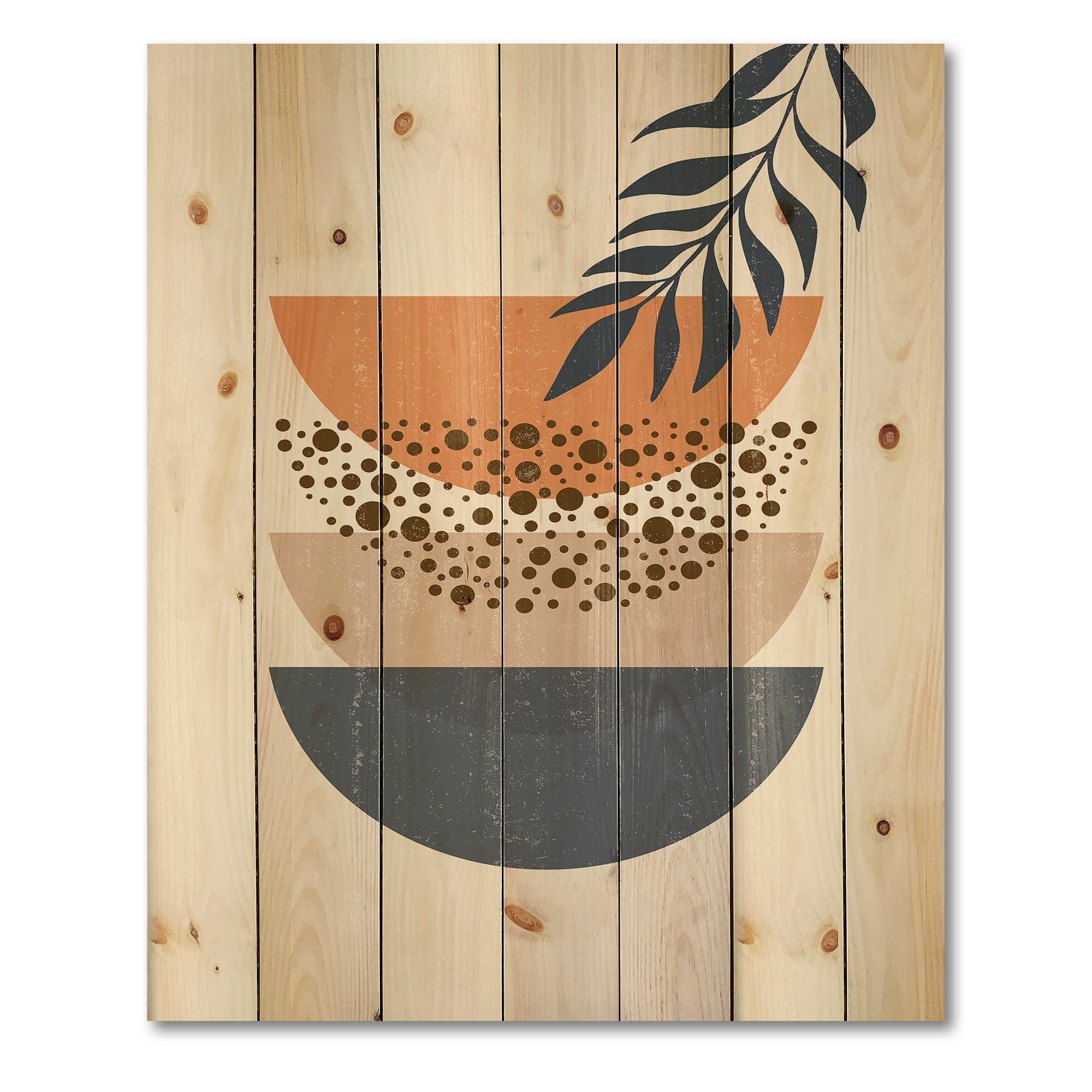 Designart 'Abstract Geometrical Moon and Sun With Leaf IV' Modern Print on Natural Pine Wood