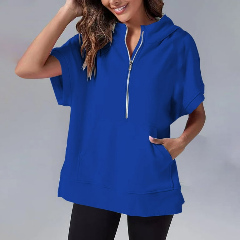 SIYECAOH Purple Plus Size Tops Plus Size Basic Tee Womens Oversized Half Zip Hoodies Short Sleeve Casual Sweatshirts Pullover Tops with Pockets 70Th Birthday Gifts for Women Bargains of The Day Sale