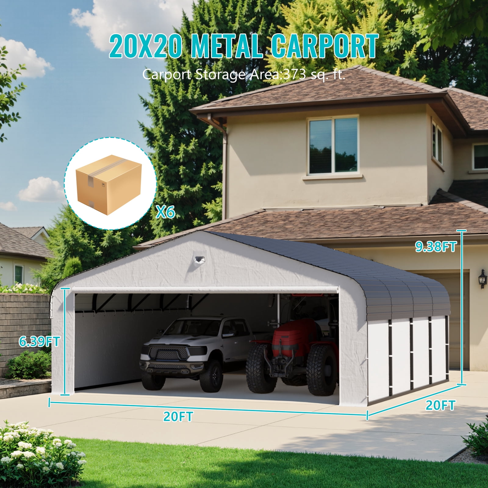 20 ft. W x 20 ft. D Heavy Duty Metal Frame Carport with Solar Lamp, Outdoor Garage Car Shelter with Powder-Coated Steel Roof & Fabric Sidewall
