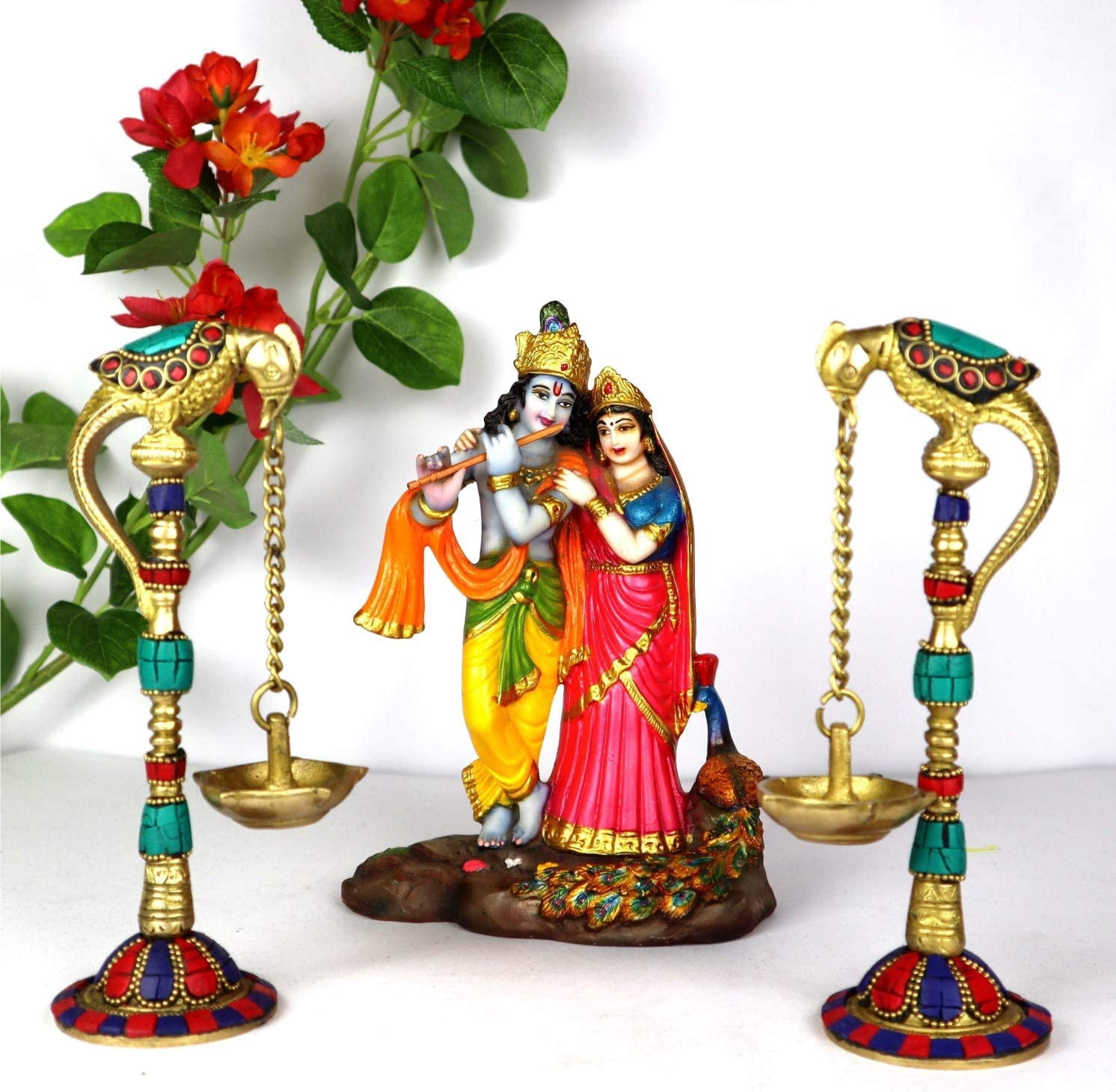 ASHIRWAD Brass 7.5 Inches Samaideep, Oil Lamp, Diya Hanging from Beak of Parrot, Kuthu Vilakku, Home Decor, Smai Deep (Stone Finish)