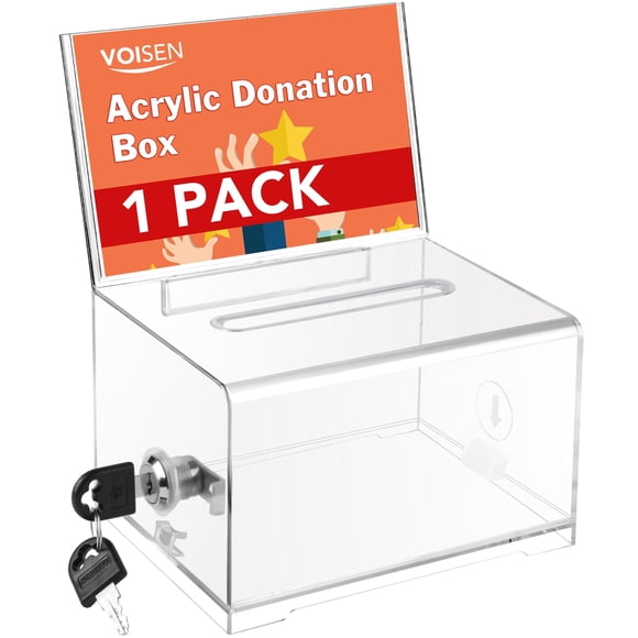 Caja de donación VOISEN transparente con candado y soporte para letreros de 15,7 x 11,7 x 10 cm