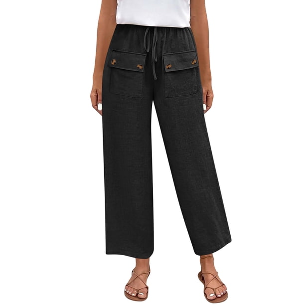 Pantalones Elásticos de Cintura para Mujeres Pantalones Largos de Cordón de Mezcla de Lino Sólido con Bolsillos Laterales Casual, Pantalones de Lino de Mujer con Bolsillos