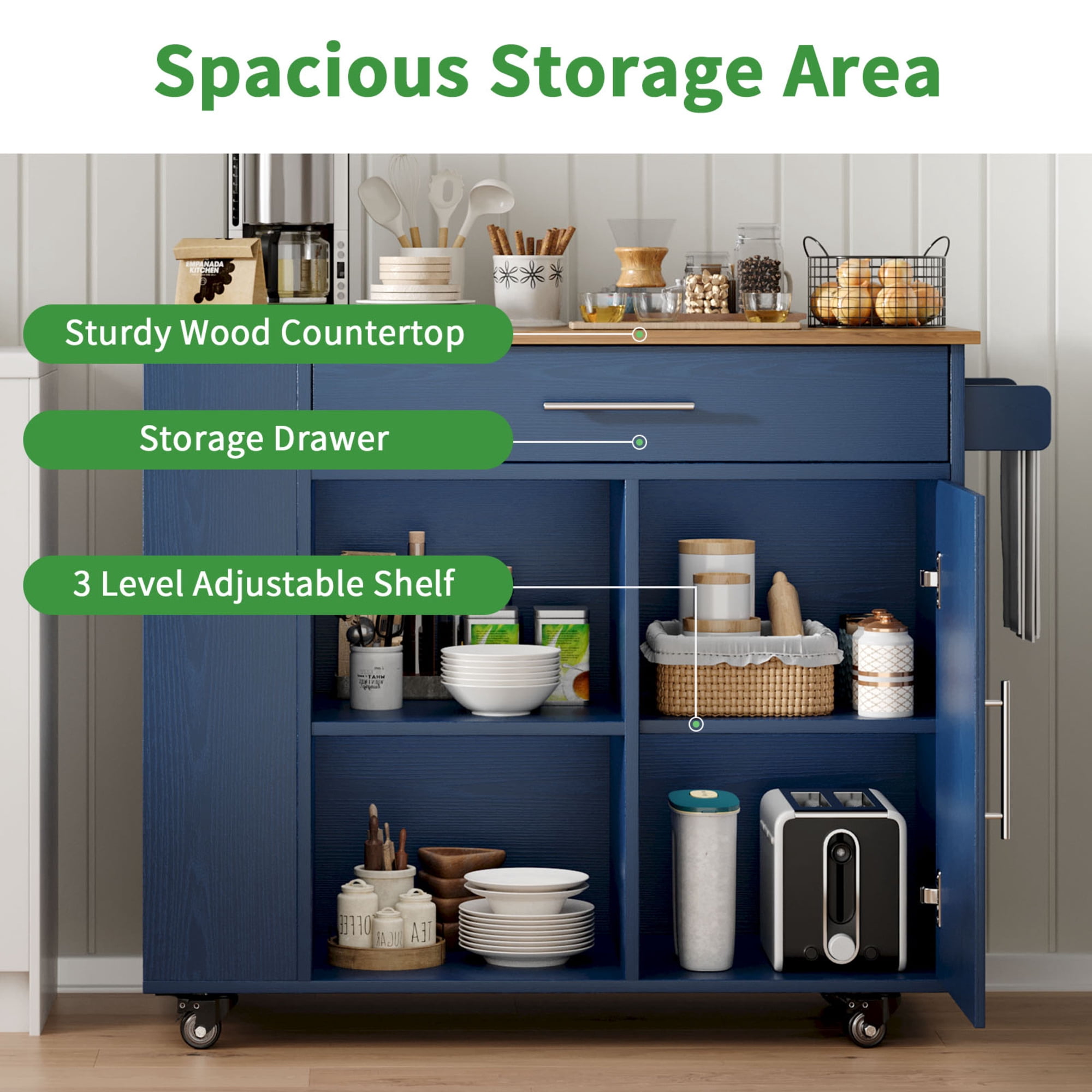Kitchen Island on Wheels with Storage, Rolling Cart with Spice Rack, Towel Rack, Open Shelves & Drawer, Portable for Kitchen/Dining, Blue