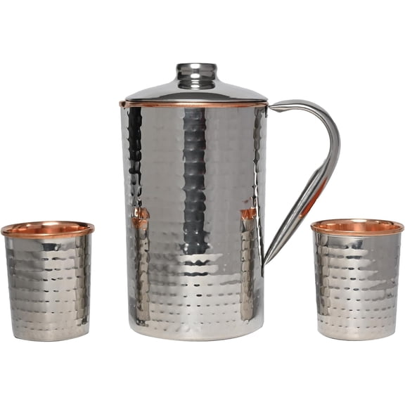 Premium Hammered Copper-Lined Water Pitcher & 2 Tumblers for Ayurveda (57.5 fl oz)