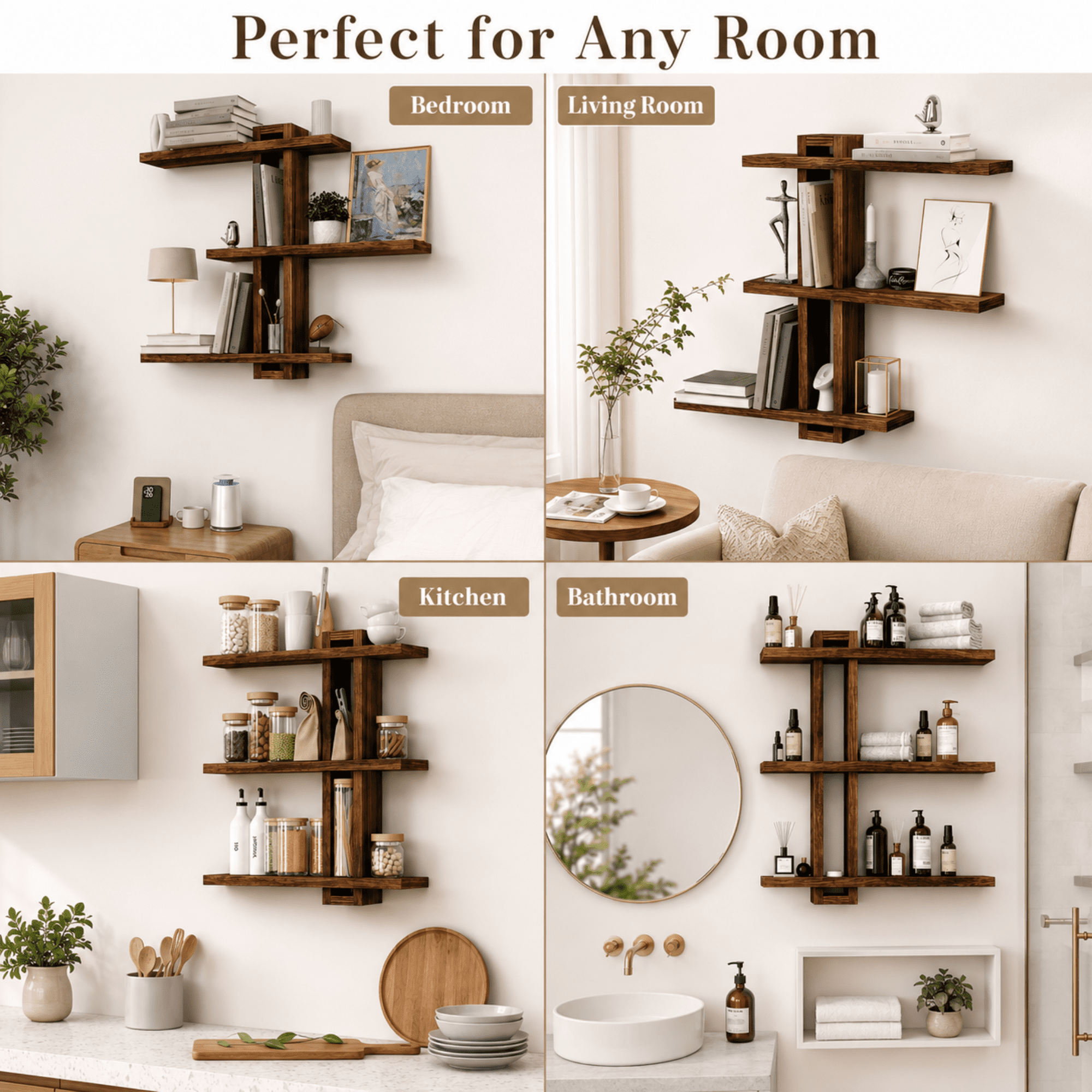 MEHOOM 3-Tier Wooden Floating Wall Shelf, Rustic Wall-Mounted Storage Shelves for Bedroom, Living Room, Farmhouse Wall Decor, 20in