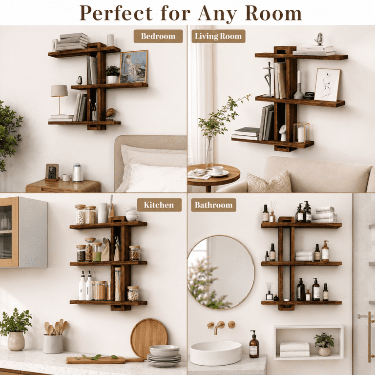 Mehoom 3-Tier Wooden Floating Wall Shelf, Rustic Brown 20-Inch photo 4