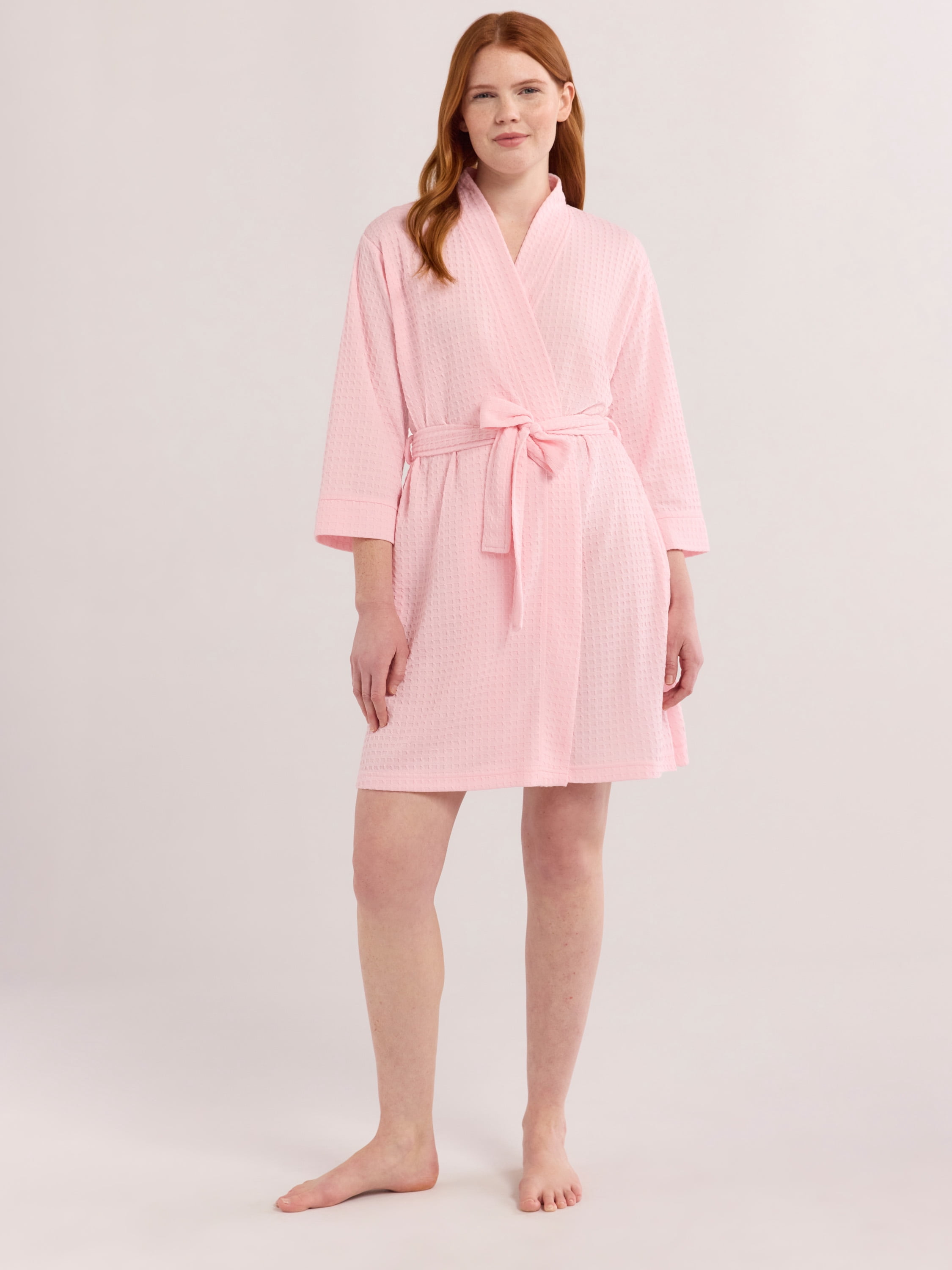 Joyspun Women's Waffle Kimono Short Wrap Robe, Sizes S-3X
