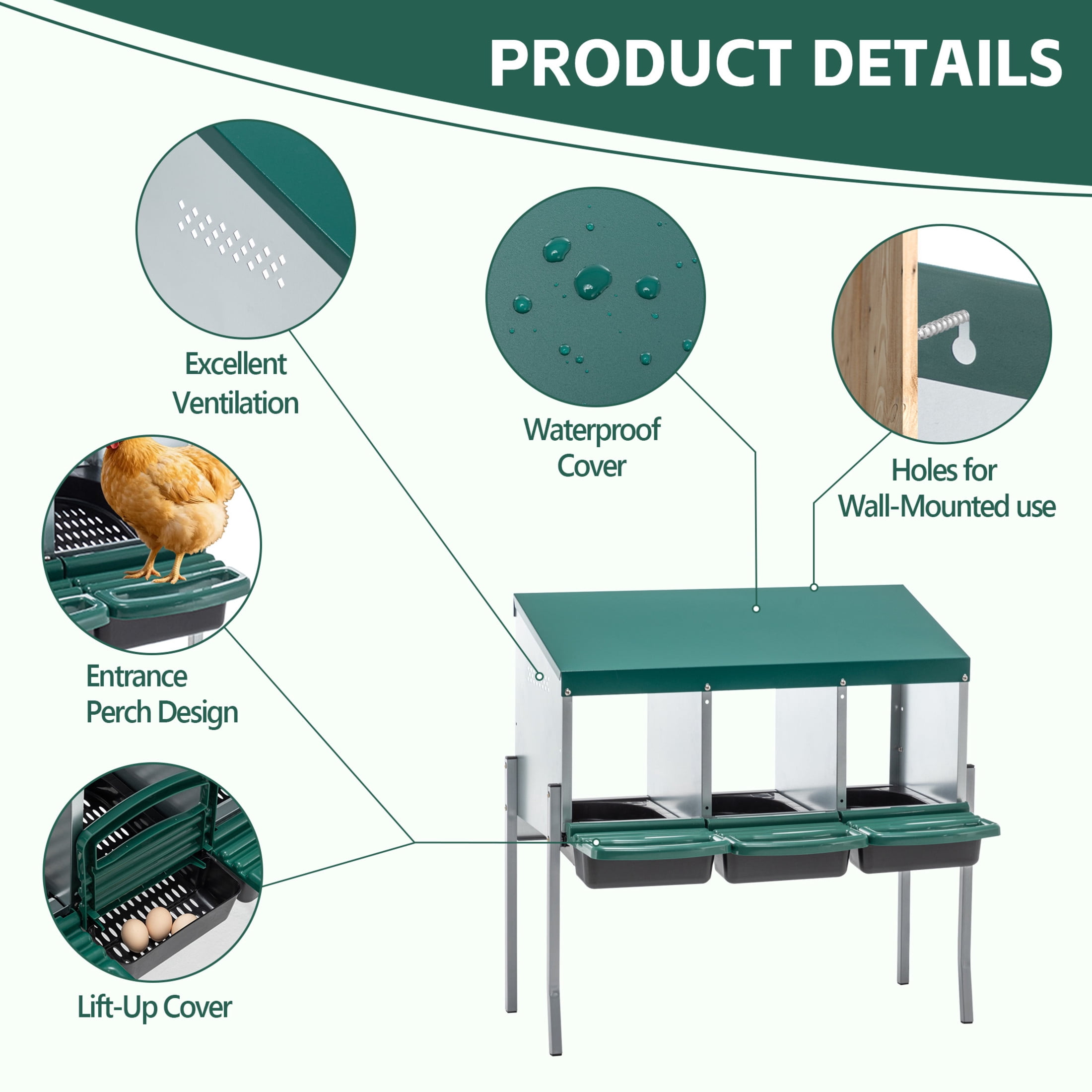 Noble House 3-Hole Outdoor Steel Chicken Nesting Box with Legs and Egg Collection Tray, Hens Laying Box, Green