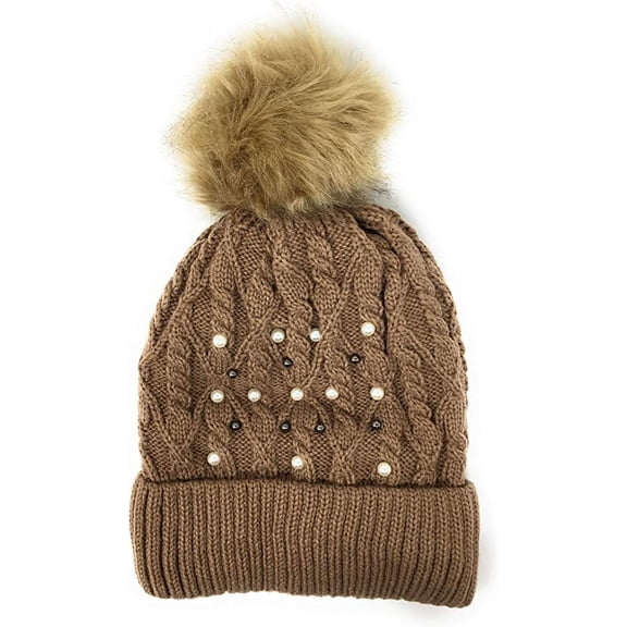 Urban-Peacock Trendy Chunky Soft Stretch Cable Knit Beanie Hat with Pearlized Beads & Warm Fleece Lining & Pom Pom - Brown