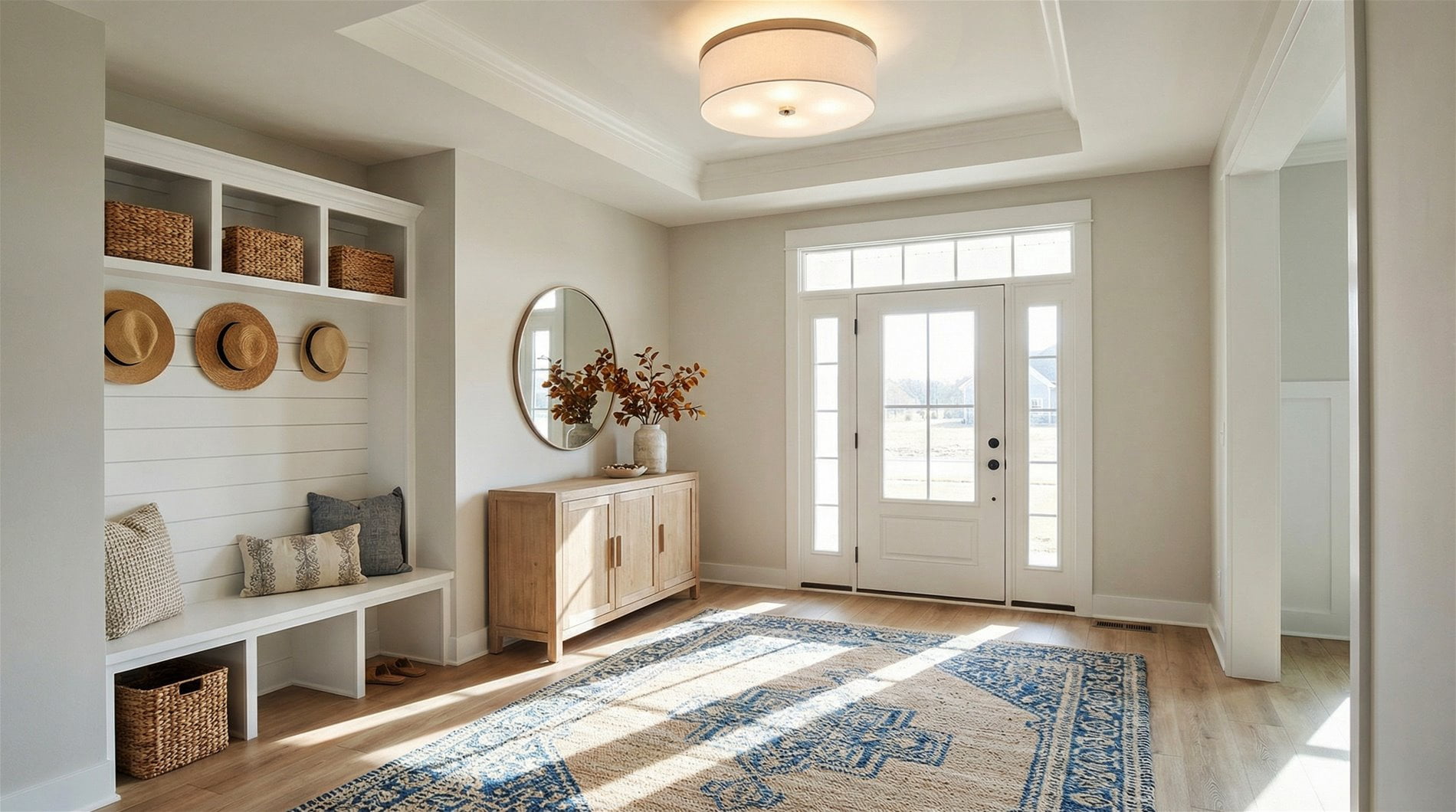 Kira Home Walker 20" Drum Flush Mount Ceiling Light, White Fabric Shade, Frosted Glass Diffuser, Close to Ceiling