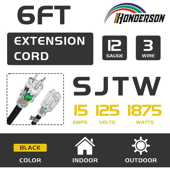 OTGFRF-Indoor Outdoor Extension Cord Weatherproof with Lighted End, UL Listed, 12 Gauge 6FT Black 3 Prong Heavy Duty, 12/3 SJTW 15A Power Cord for Outdoor Lights, Lawn