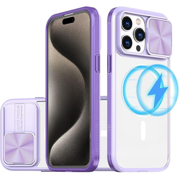 for iPhone 15 Pro Max Clear Case with Slide Camera Lens Cover, Compatible with MagSafe, Non-Slip Slim Magnetic Shockproof PC Back Soft TPU Frame Case iPhone 15 Pro Max 6.7'' 2023, Purple