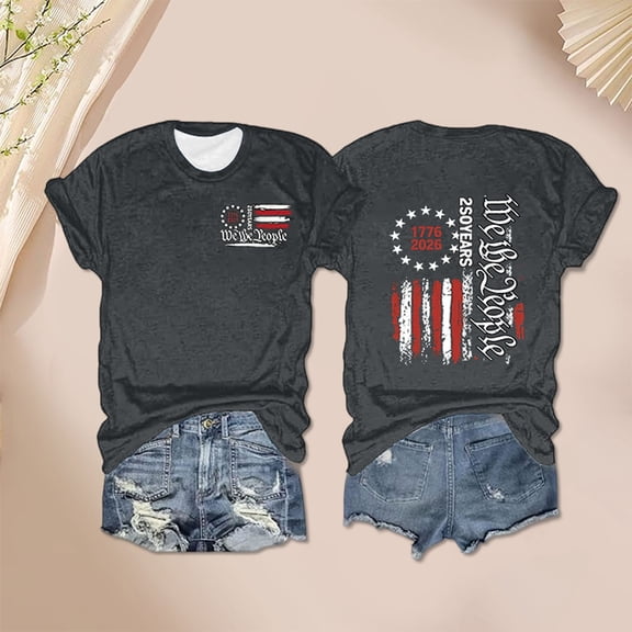 Trendfront Womens 4th of July T Shirts Summer Fashion USA 250th Anniversary Graphic Print Tee Flag Star Fireworks Casual Patriotic Celebration Tops Blouses