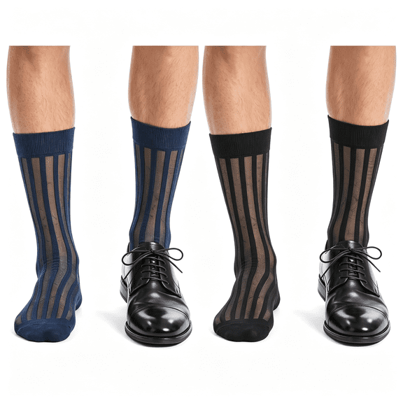 XIBUFE 2 Pairs Mens Silk Sheer Dress Socks, Mens Casual Business Dress Sock | Casual Business Formal Suit Stockings, Soft Thin See Through, Nylon Striped, Long Socks Black Navy Blue