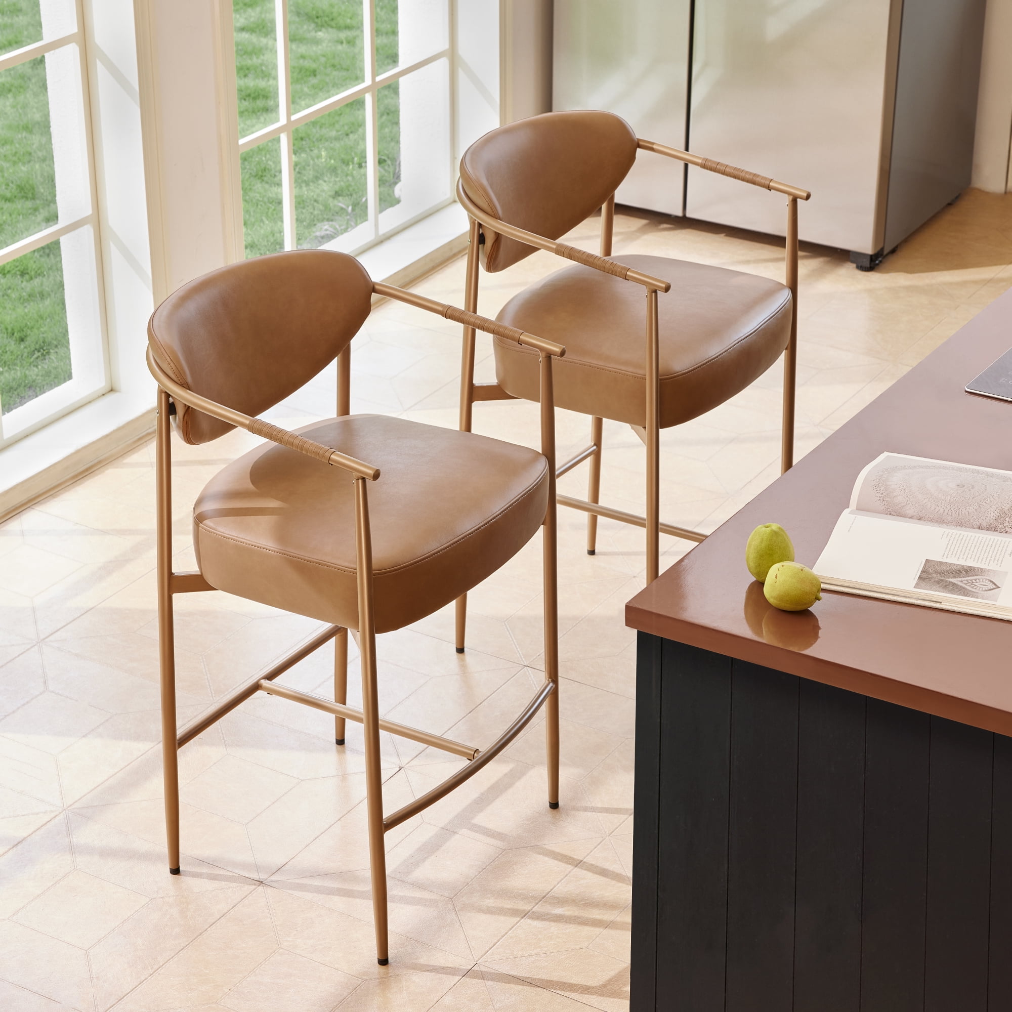 Spruce & Spring Modern Counter Bar Stool with Woven Strap Arms & Gold Metal Frame Set of 2, Brown with Gold Frame