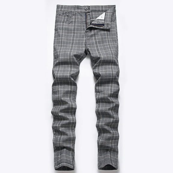 jsaierl Men's Plaid Dress Pants Straight Fit Expandable Waist Pleated Front Suit Pants Checkered Casual Business Trousers