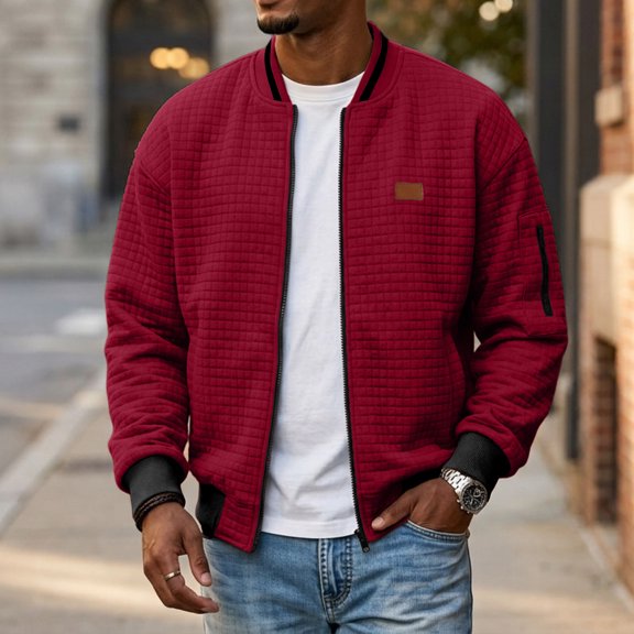 Vxararl Men Zip Up Collared Bomber Windbreaker Jacket, Lightweight Casual Long Sleeve Work Golf Outerwear with Zipper Side Pockets for Men Fall Daily Travel Outfits Wine M