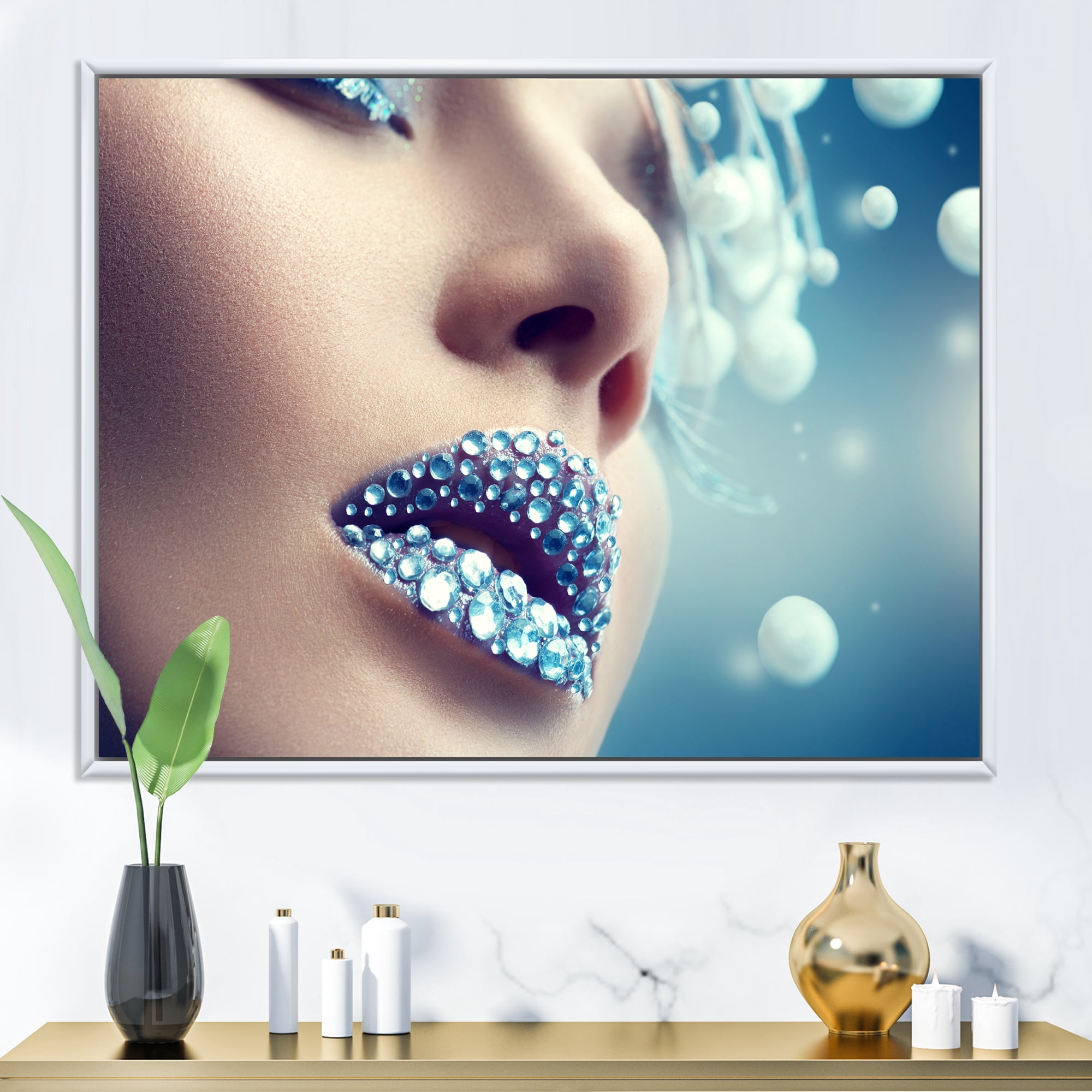 Close-Up Of Gems On Female Lips 32 in x 16 in Framed Photography Canvas Art Print, by Designart