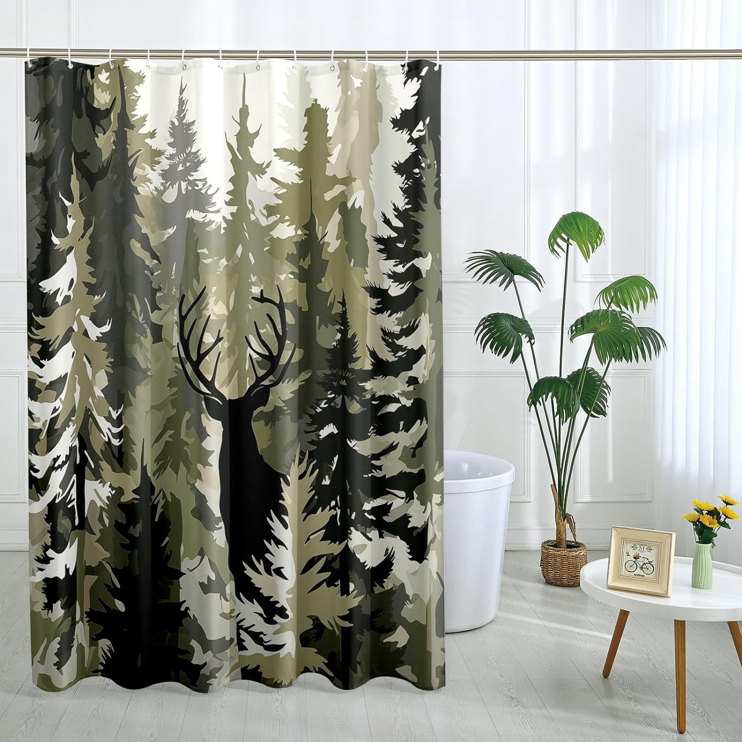 Camo Hunting Deer Shower Curtain Camouflage Woodland Shower Curtains Rustic Forest Cabin Farmhouse Themed Bathroom Decor Polyester Fabric-72" x 72"