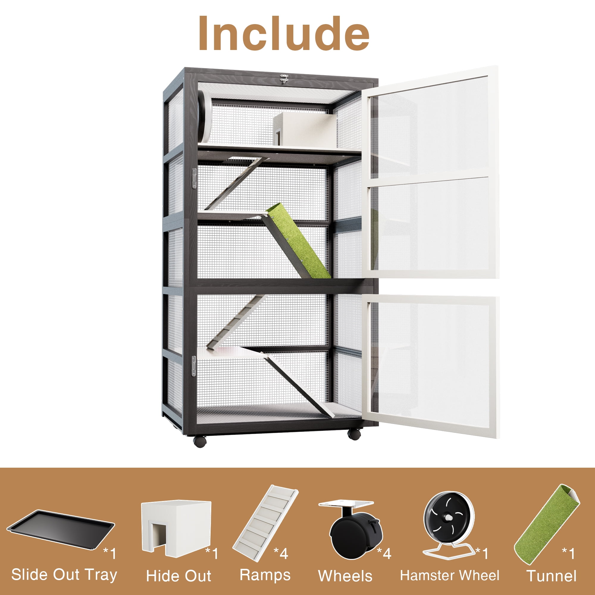 Strafriture  Large Chinchilla Cage, 55.1"H 4 Levels Ferret Cage with Chew-Proof Edges, PVC Platforms, Rolling Wheels & Ramp for Hamster, Rat, Gerbil