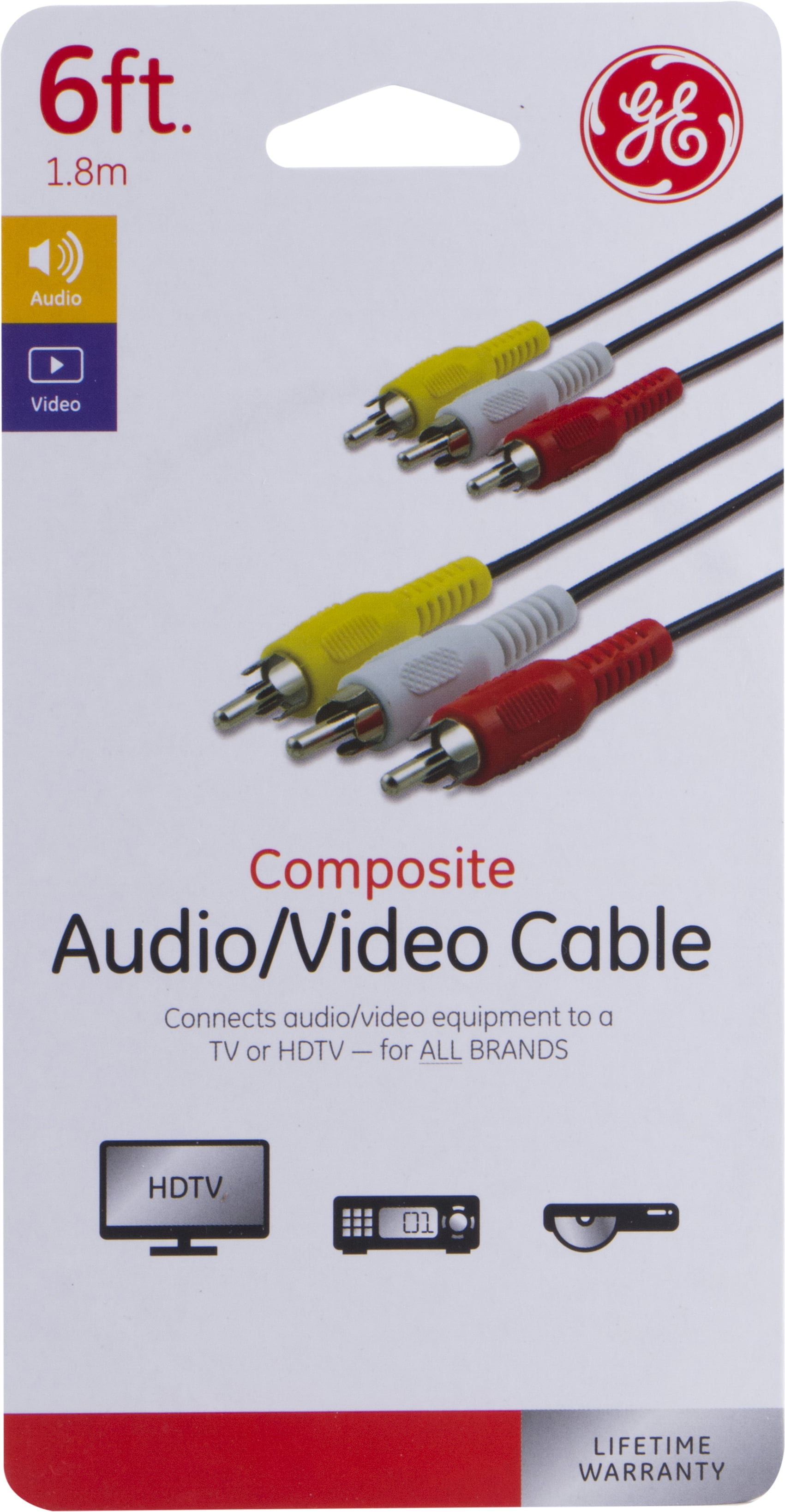 GE 6ft. Composite Audio/Video RCA Cable, Red White Yellow, 33608