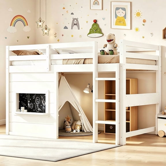 Bellemave Twin Size Low Loft Bed with Under-Bed Playhouse, Wood Loft Bed Frame with Chalkboard and Bookshelf for Kids, No Box Spring Needed (White)