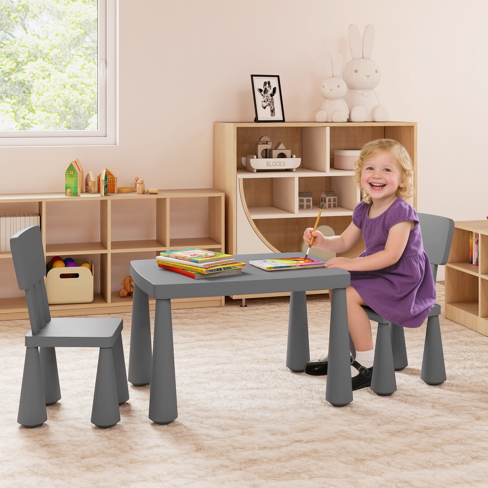Gymax Kids Table & 2 Chairs Set Toddler Activity Play Dining Study Desk Gray